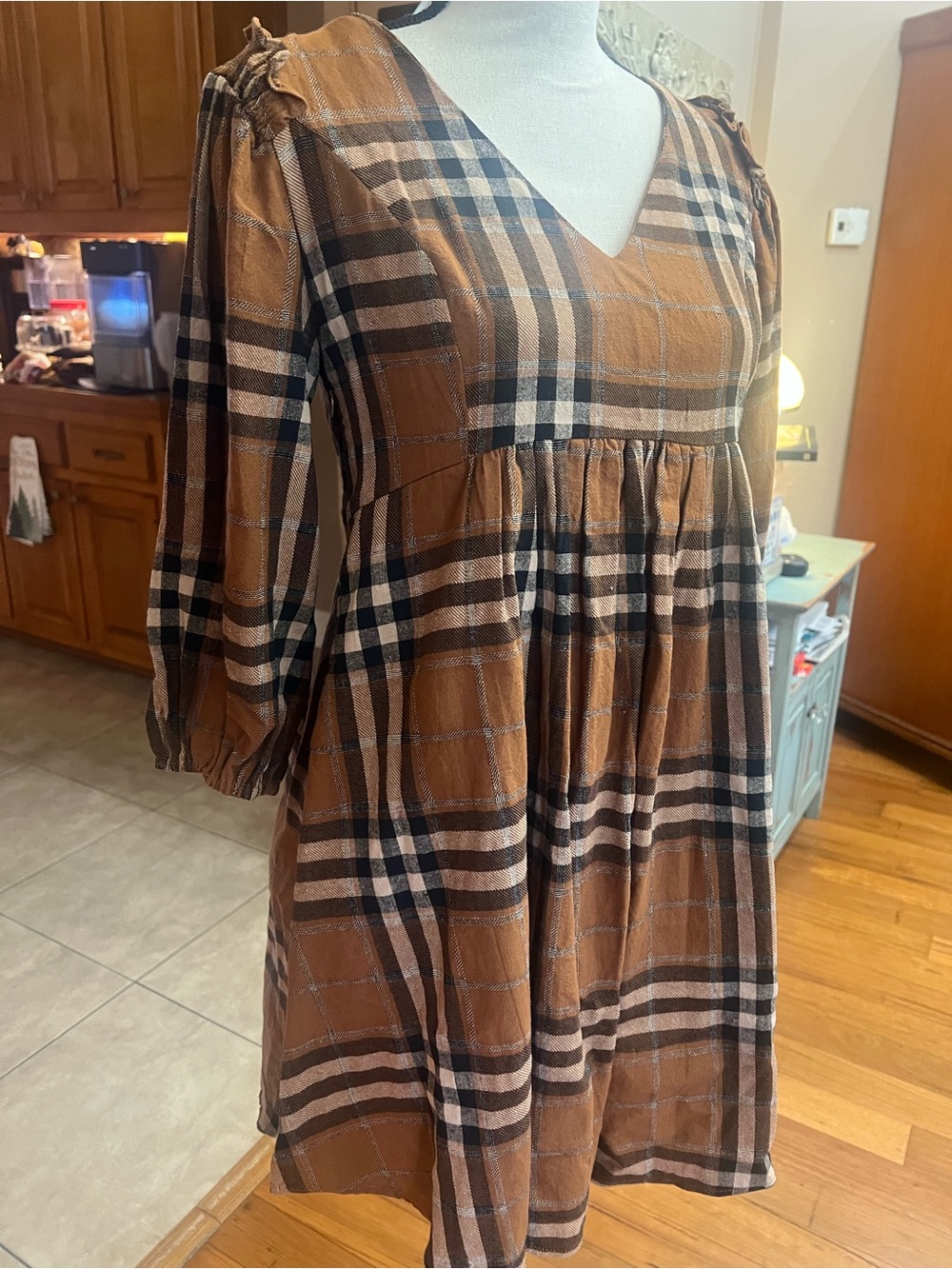 Plaid V-Neck Babydoll Mini Dress in Tan - Picture 3 of 7